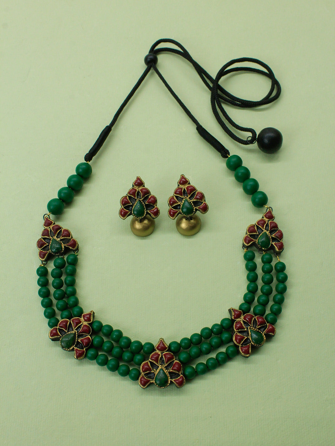 Green Red and Antique Gold 3 Layered Floral Pattern Rani Haar Style Handmade Terracotta Necklace Set