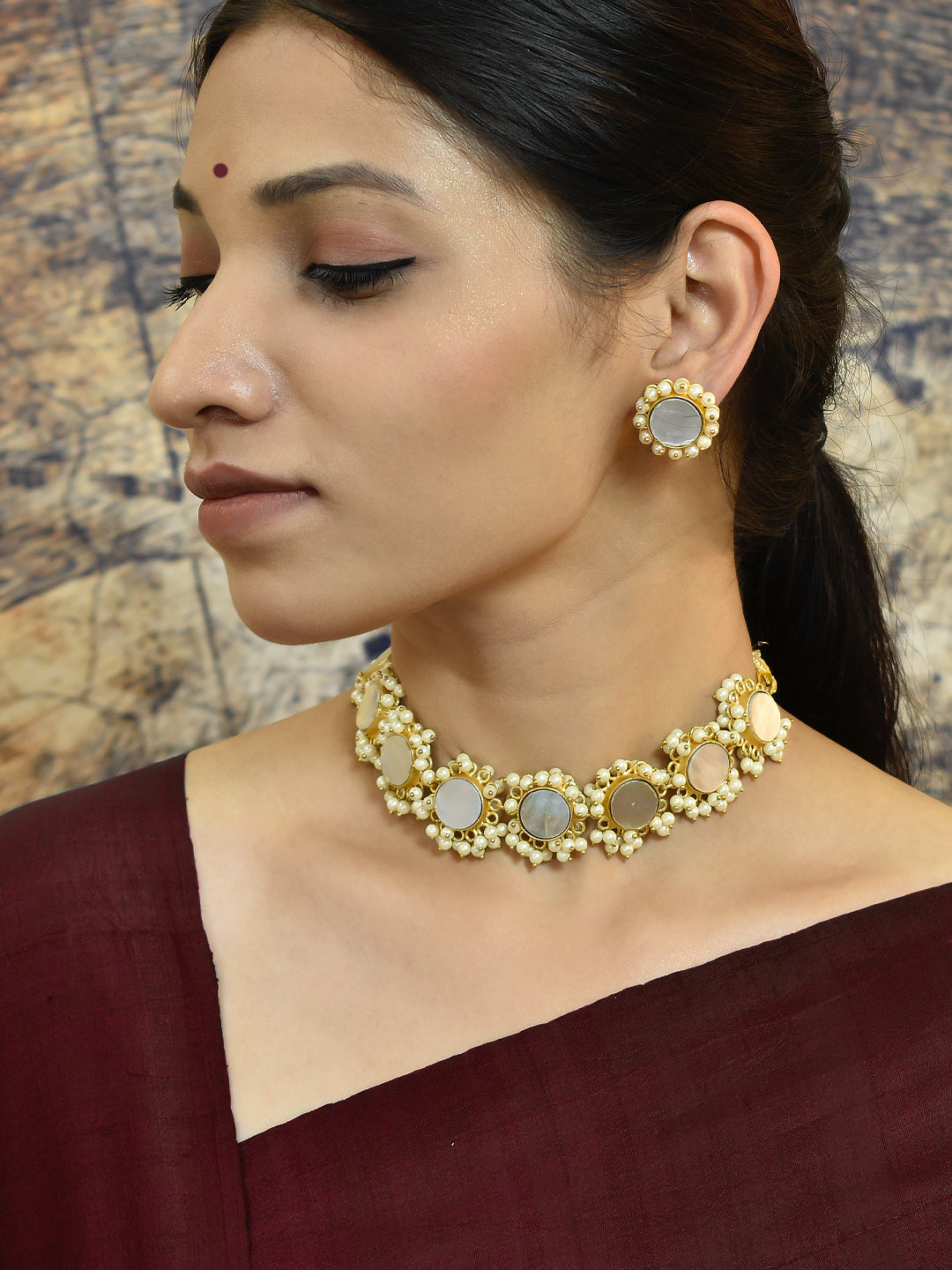 Avismaya Designer Gold Plated Circular Mirror Design With Hanging Pearls Choker Necklace Set