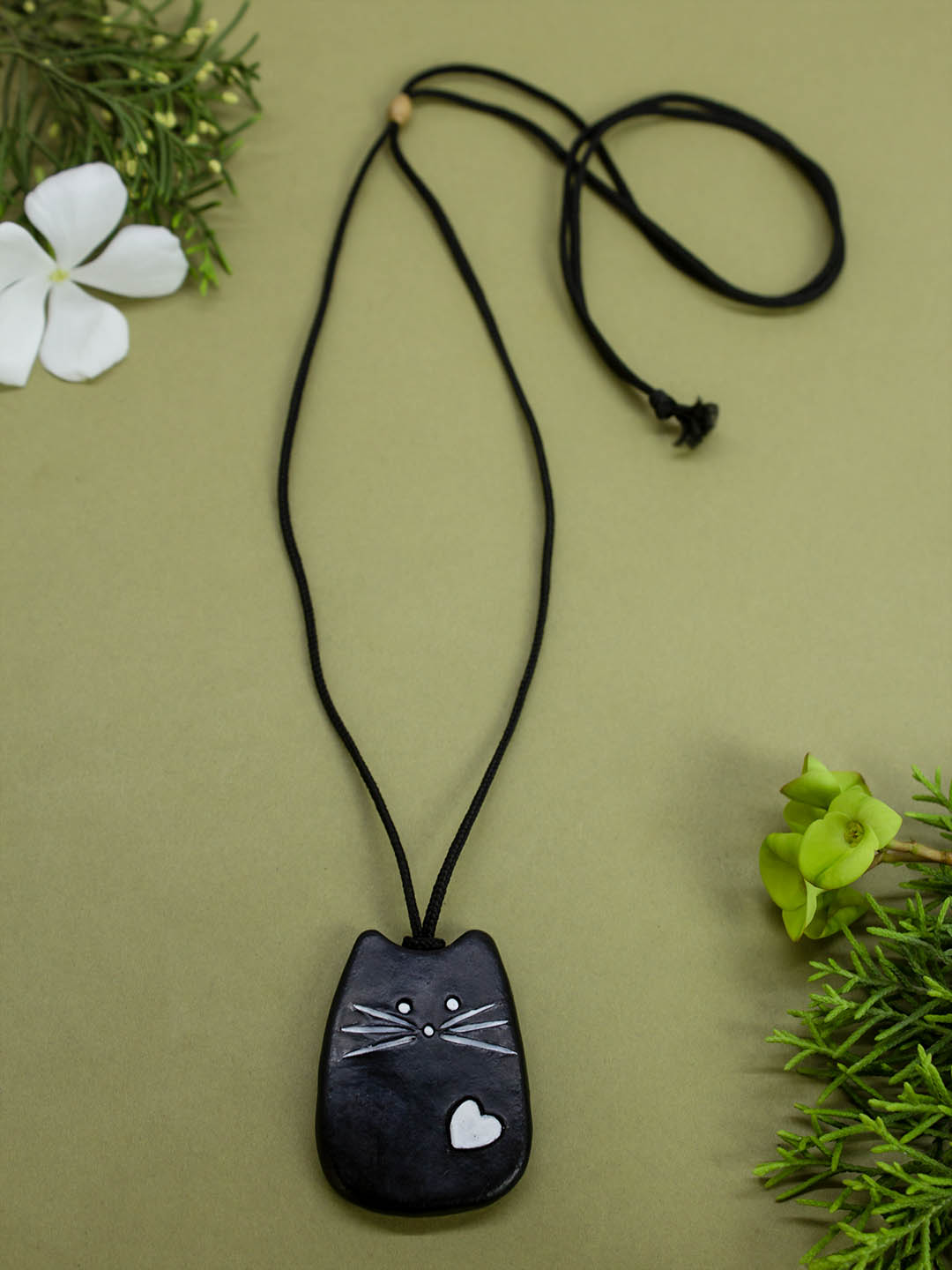 Cat Design Black Funky Kids Handmade Terracotta Necklace