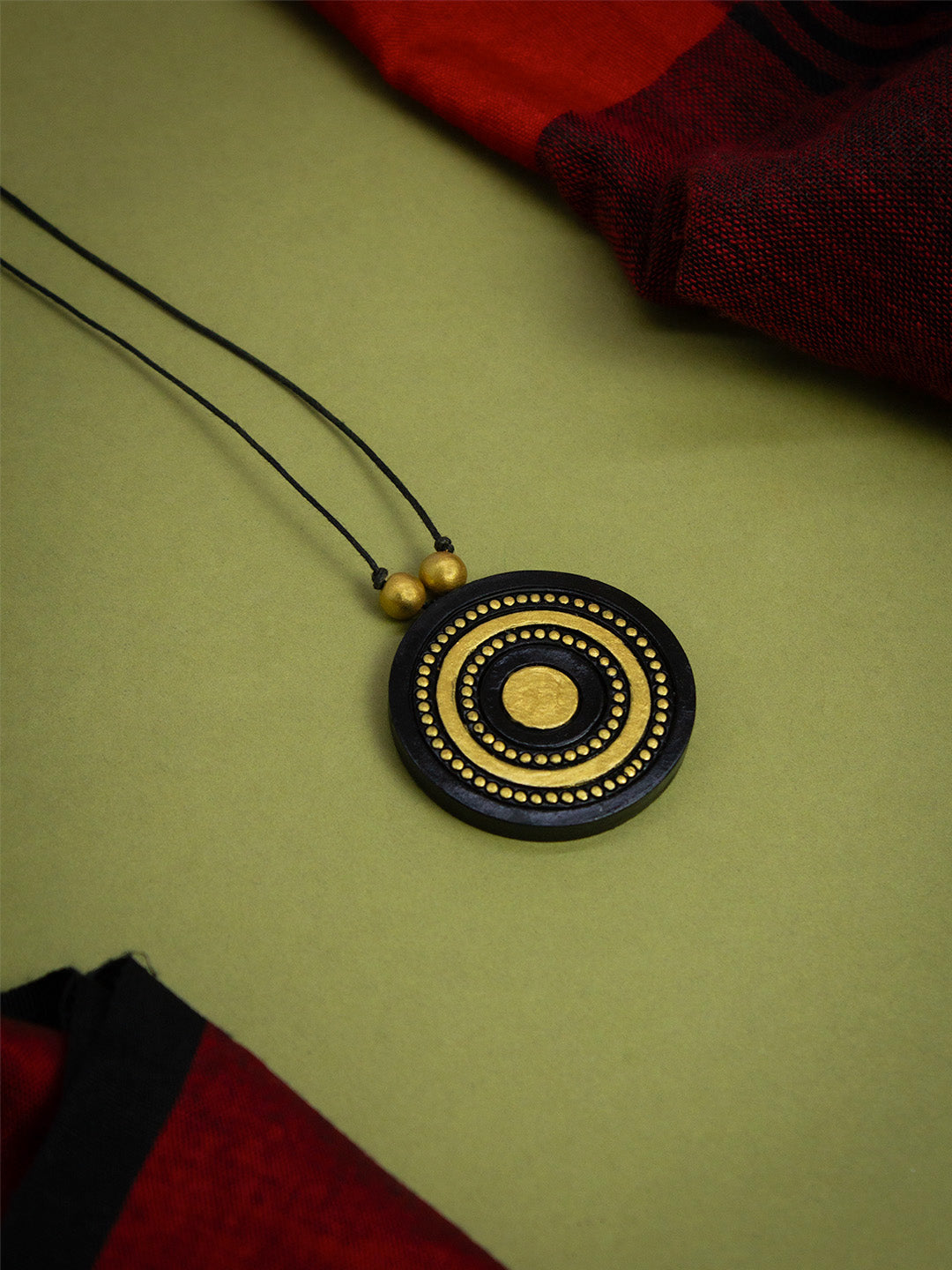 Antique Gold Toned Black And Gold Color Geometric Design Pendant Terracotta Medium Necklace Set