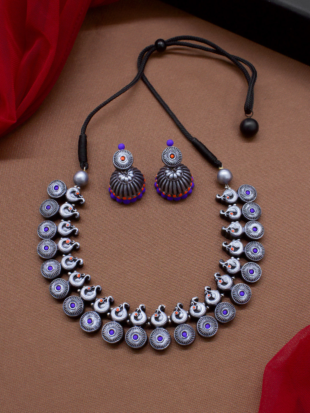 Peacock Design Hand Painted Terracotta Jewellery Set