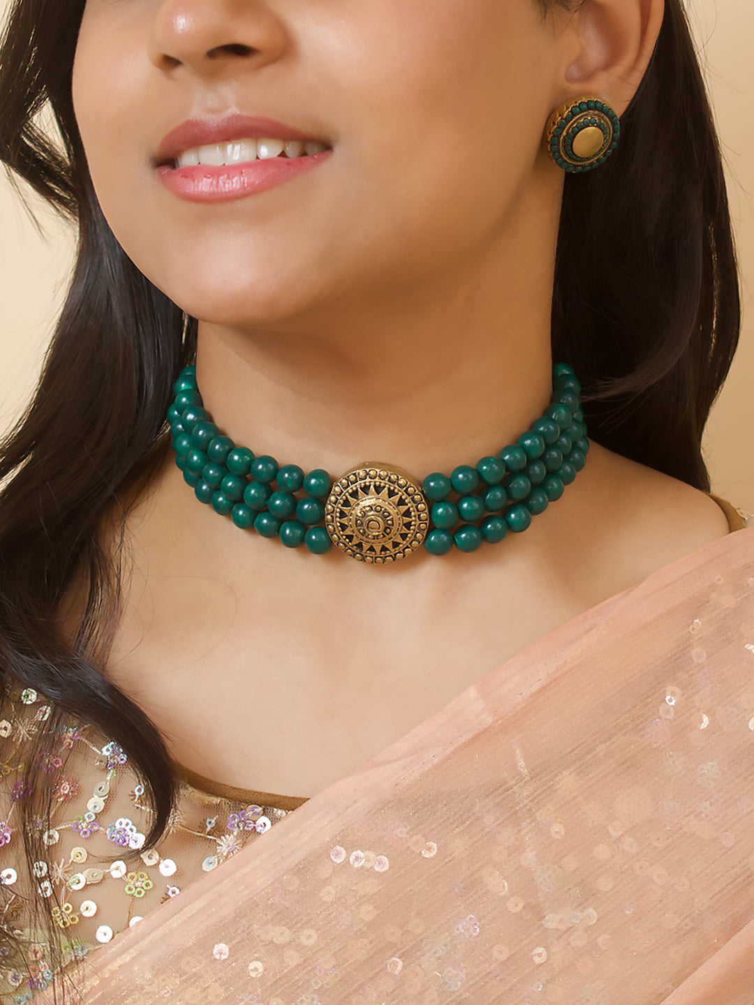 Green Gold Three line victorian choker surya sun design handmade terracotta necklace set