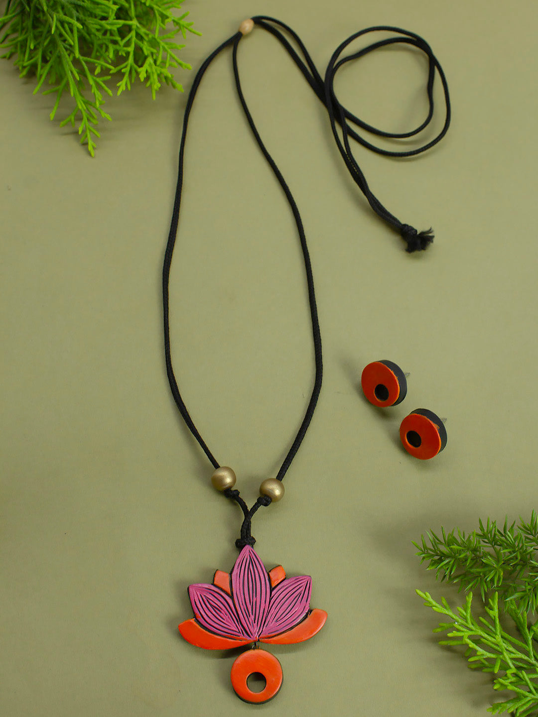 Lotus Design Pink Orange Handmade Terracotta Necklace Set