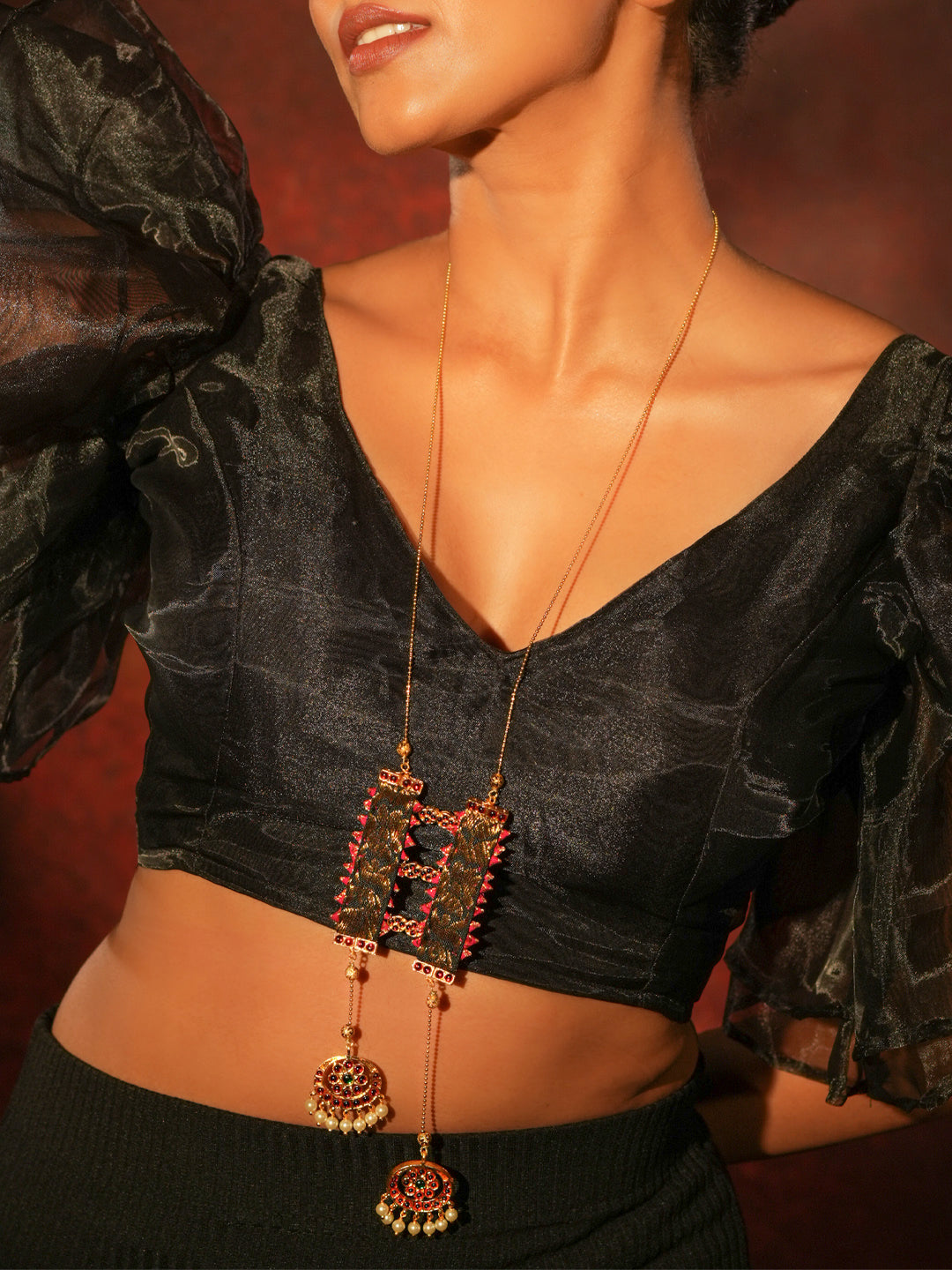 Zarilith — Gold Tone Temple Necklace- Zari necklace with chain- Black