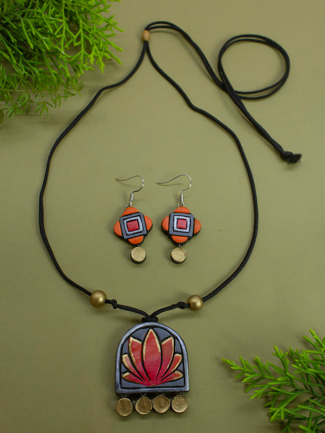 Lotus Design Grey Orange Antique Gold Handmade Terracotta Necklace Set