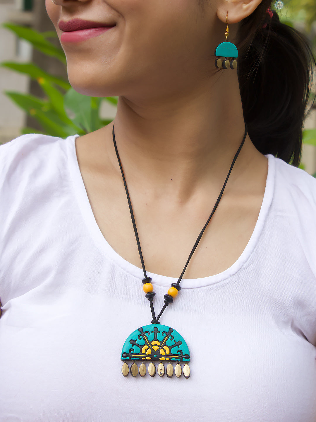 Antique gold yellow and turquise blue half circle mandala art design handmade terracotta necklace set