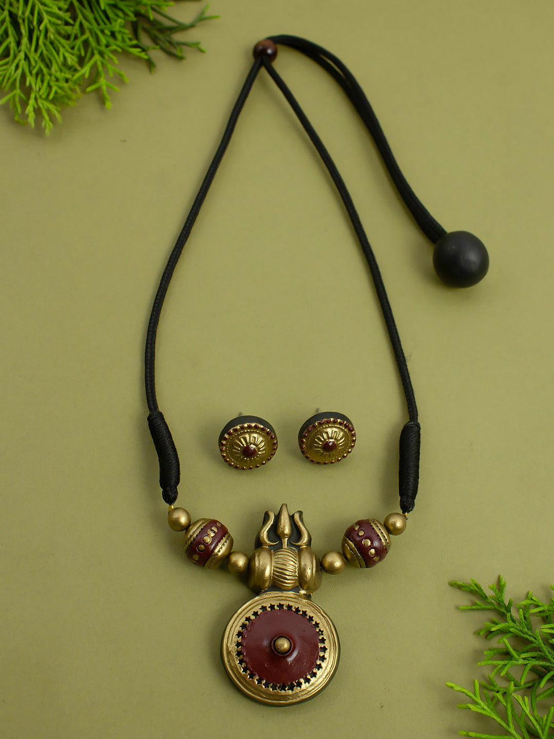 Trinetra — Trishul Design Antique Gold Brown Minimalistic Handmade Terracotta Necklace Set