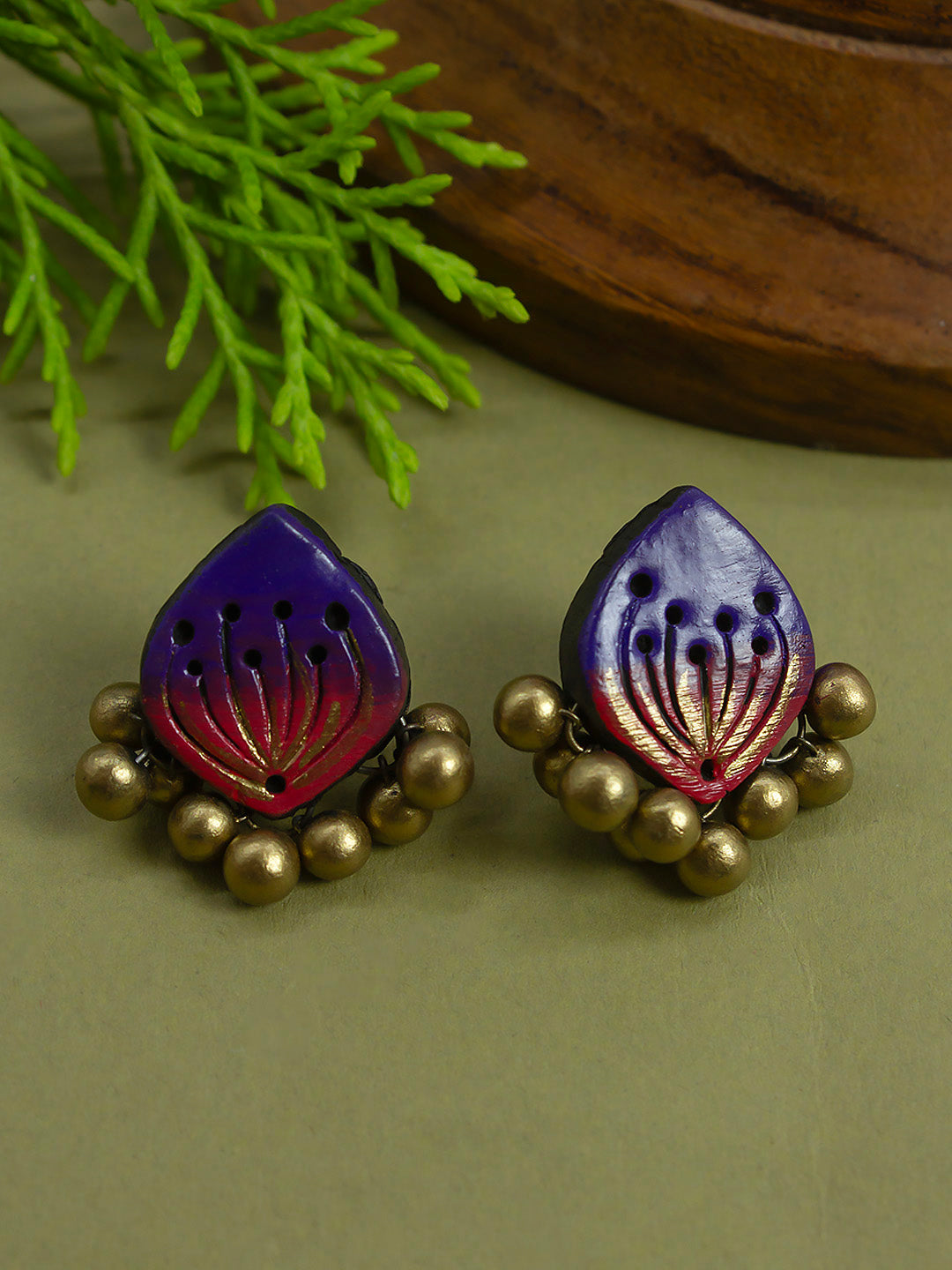 Leaf Design Purple Pink Handmade Terracotta Stud Earrings