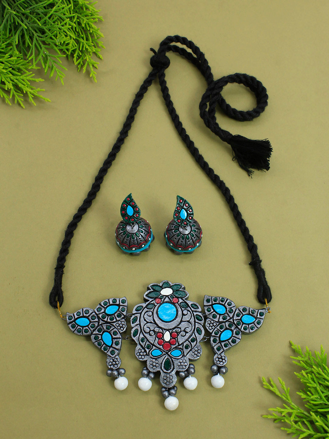 Silver White Pink Blue Folk Art Tribal Mango Design Handmade Terracotta Choker Necklace Set