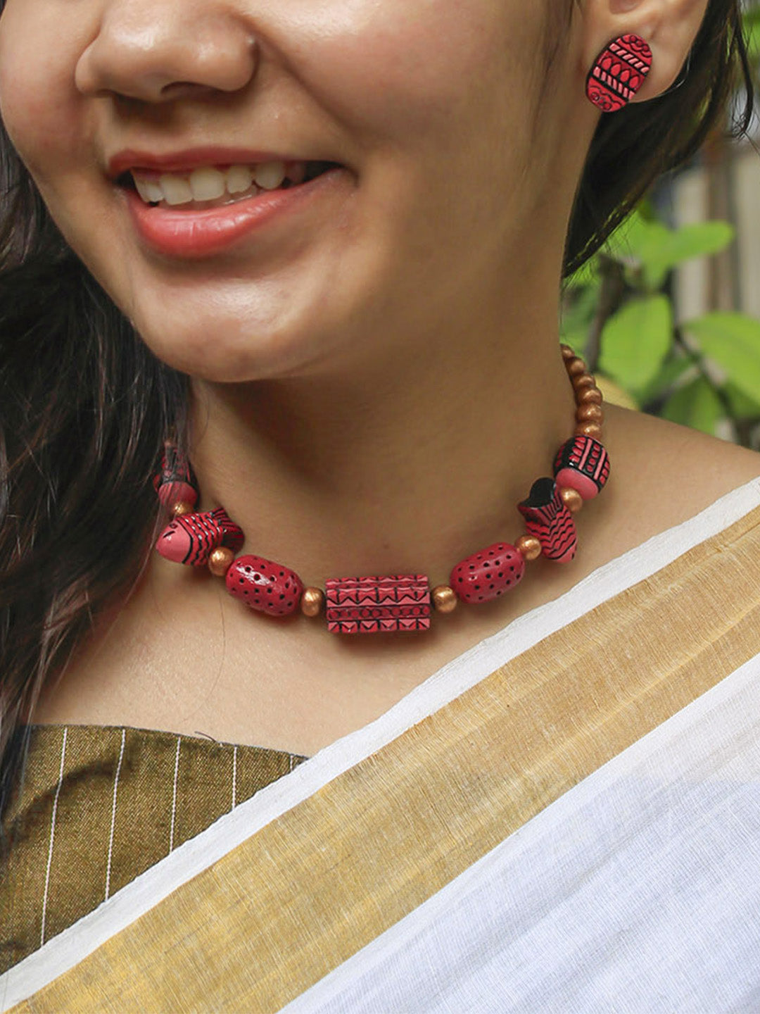 Chic Style Fish Oval Design Pattern Pink Brown Copper Colour Handmade Terracotta Necklace Set