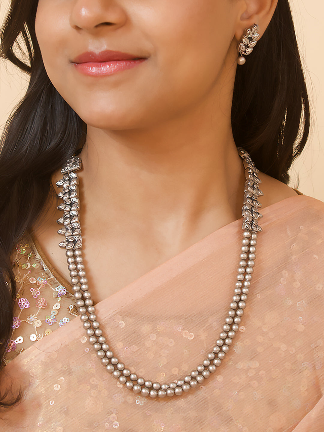 Pranaya — Two Layered Antique Silver Beads Leaf Design Rani Haari Handmade Terracotta Necklace Set