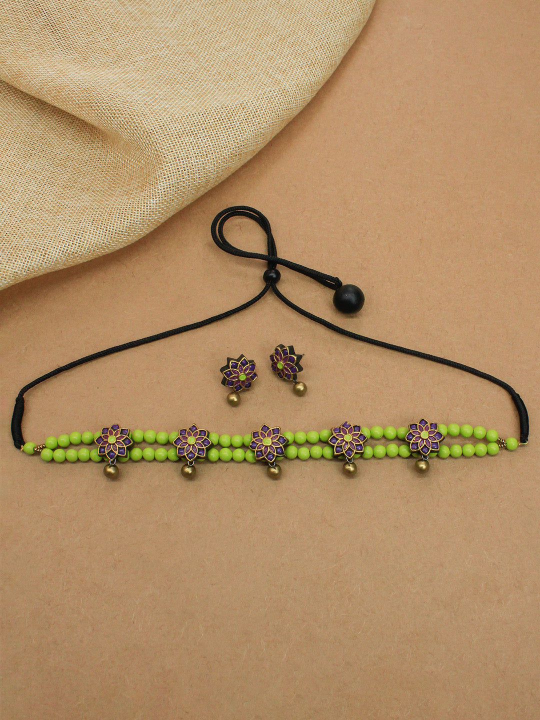 Bamboo Purple Antique Gold Green Pastel Shade Two Layered Choker Handmade Terracotta Necklace Set