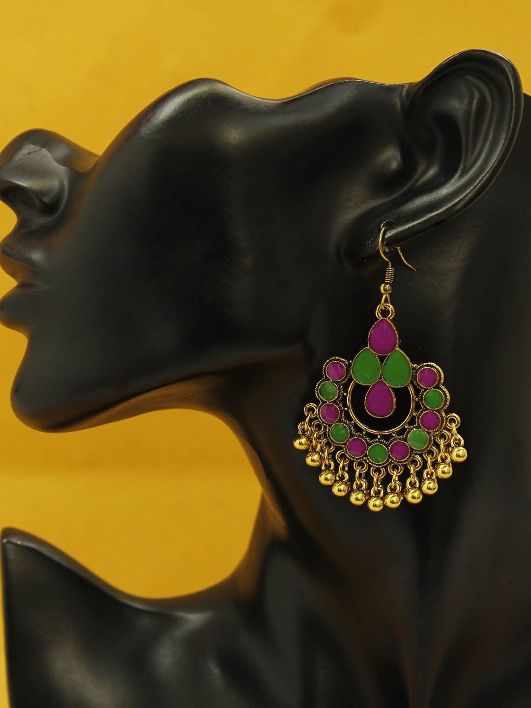 Gold Plating Green And Pink Color Floral Design Afghani Earring