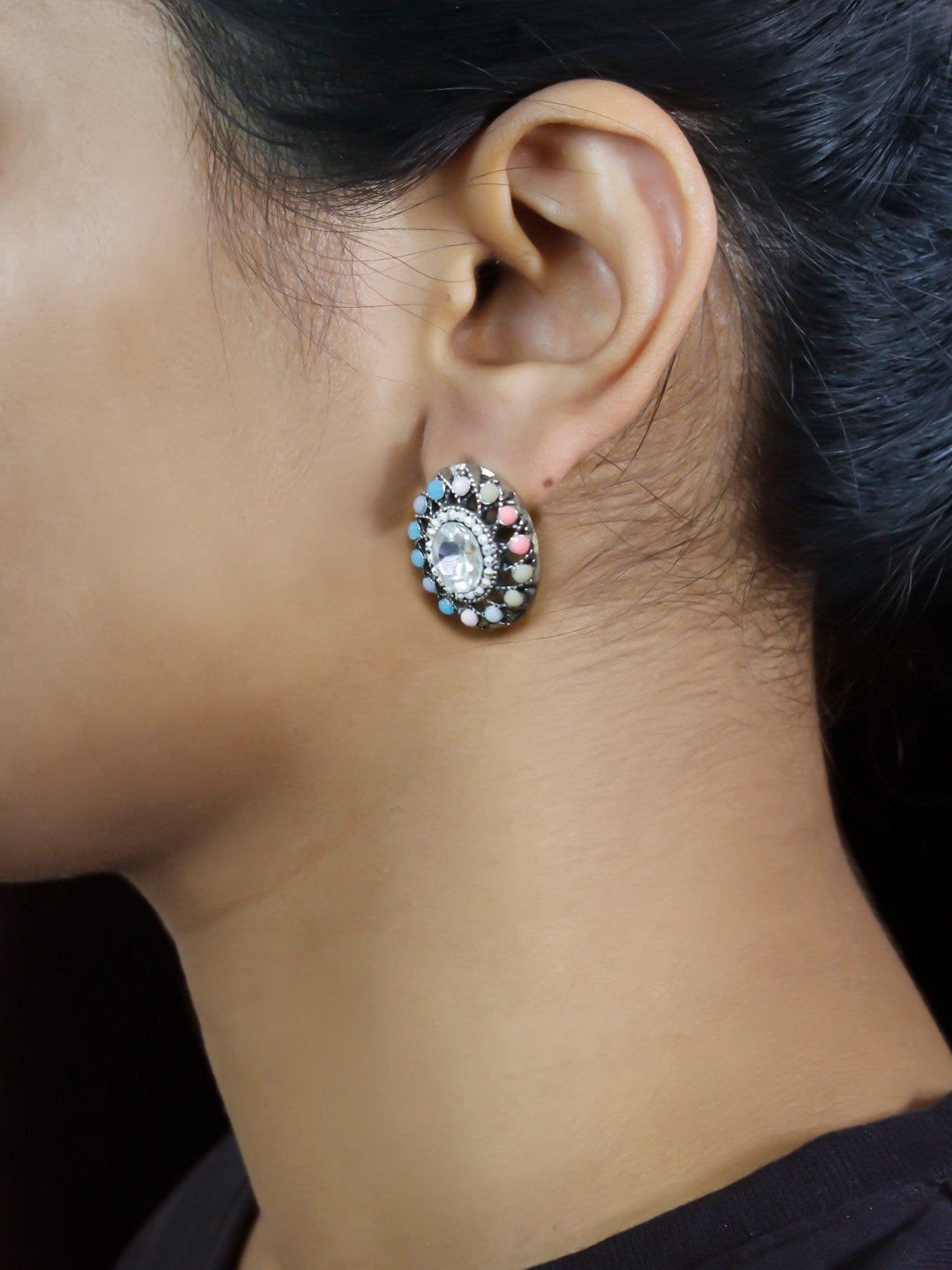 Oval Design White Stud With Stones Earring