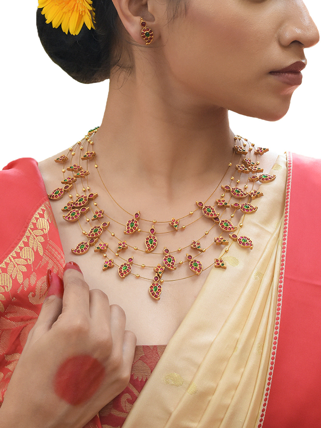 High Quality Gold Plated Multilayered Mango Design Motifs Pink And Green Color Kemp Stones Necklace Set