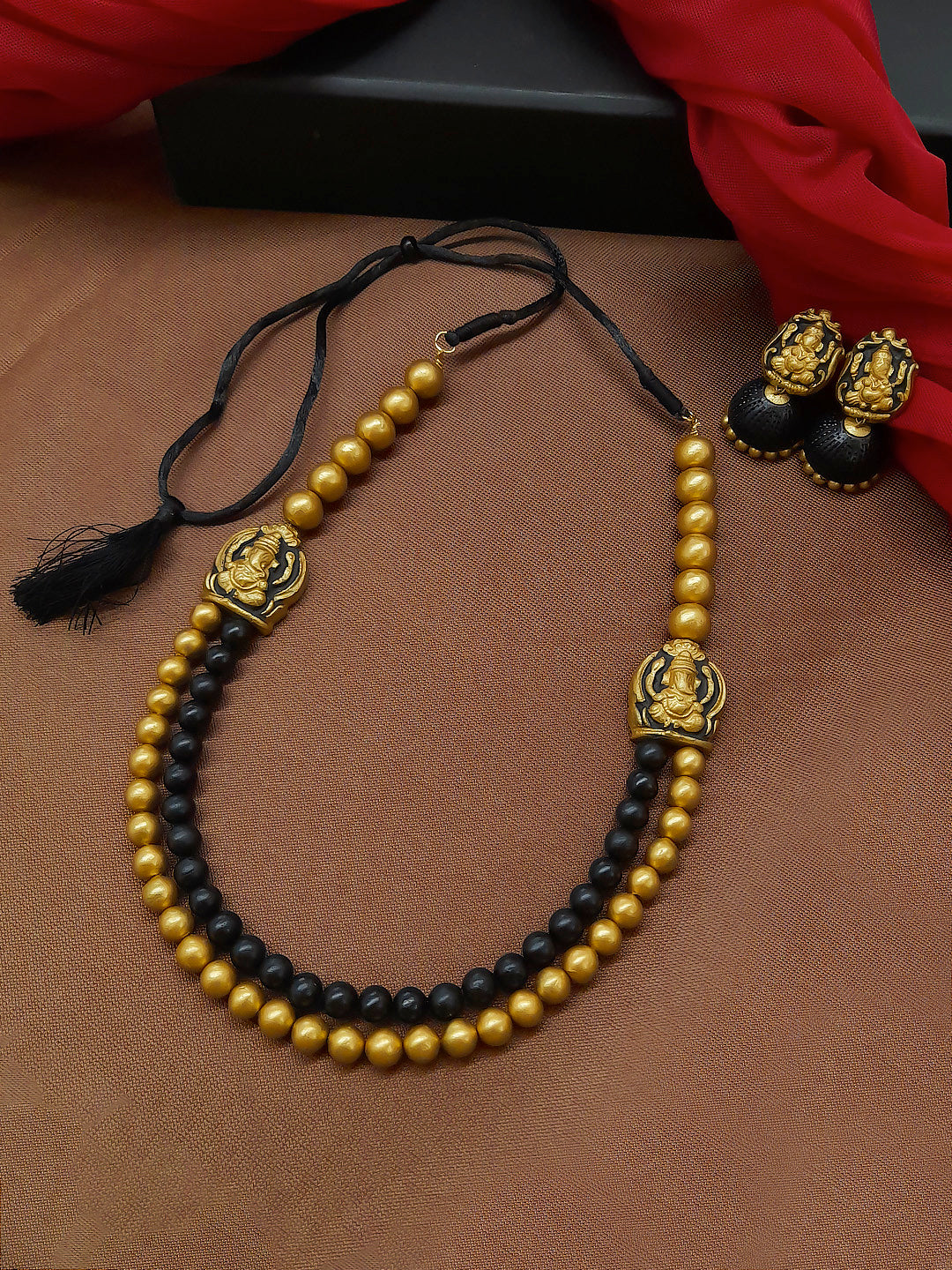 Gajanana — Antique Gold Toned Ganesha Design Black And Gold Color Beads Terracotta Medium Necklace Set
