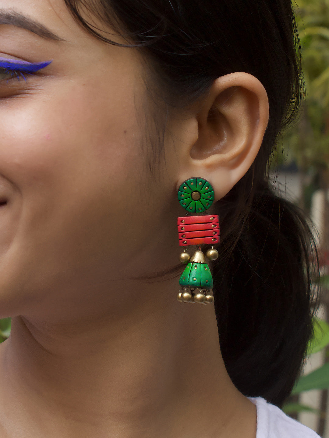 Circular and Square Design Green Pink Antique Gold Handmade Terracotta Stud Jhumka Earrings
