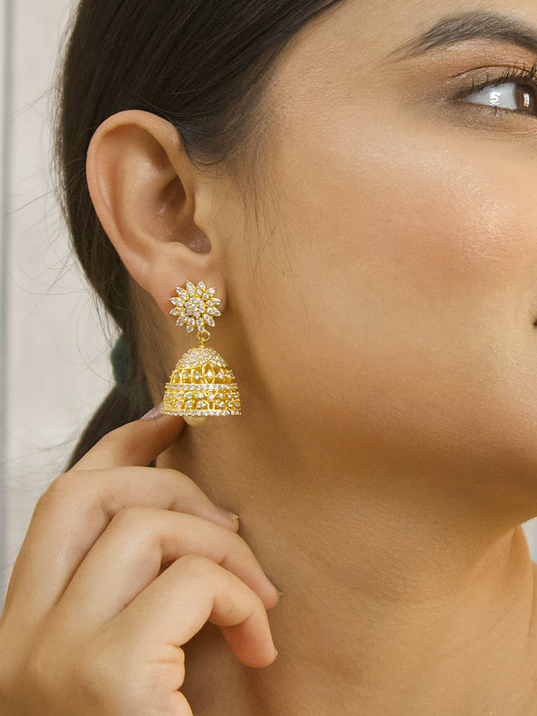 Ruby White Color American Diamond Stones with Pearl dropping Stud Jhumka