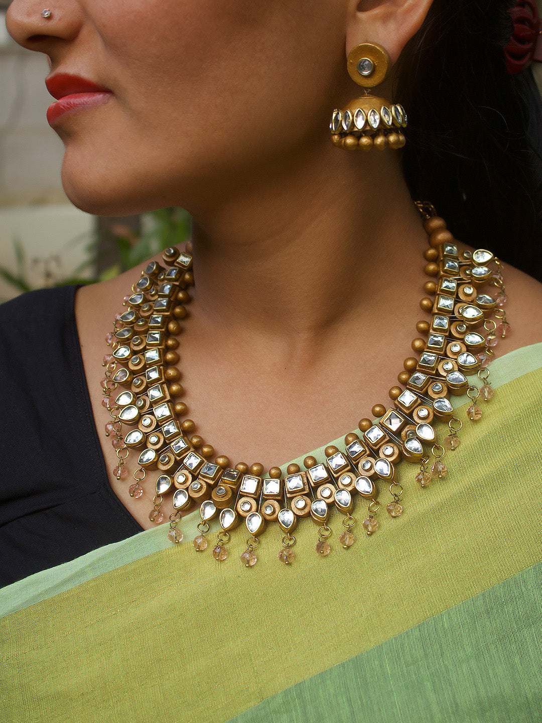 Kundan Stones Gold Premium Finish Terracotta Jewellery Set