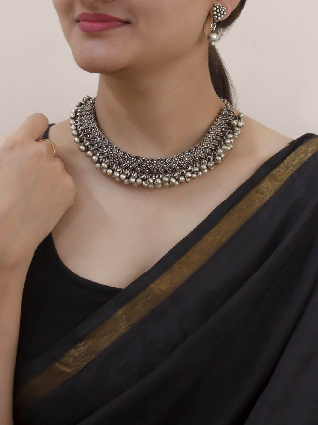 German Silver Geometric Design Choker Necklace Set