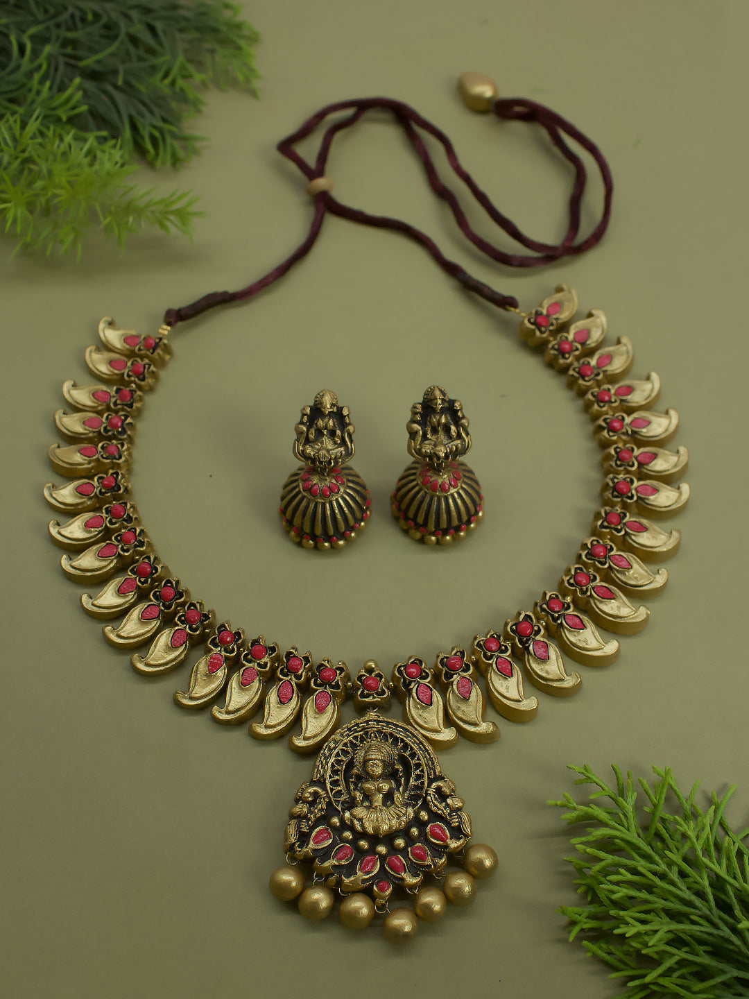 Mango Design Lakshmi Pendant Antique Gold Red Handmade Terracotta Necklace Set