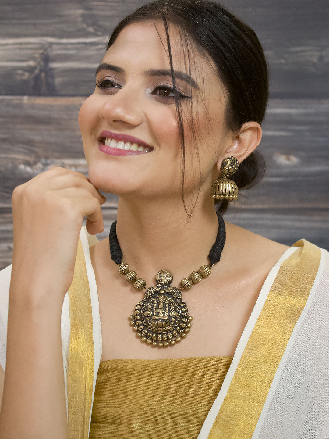 Shreesutra — Designer Handmade Gold Plated Lakshmi Design Pendant Choker Handmade Terracotta Necklace Set