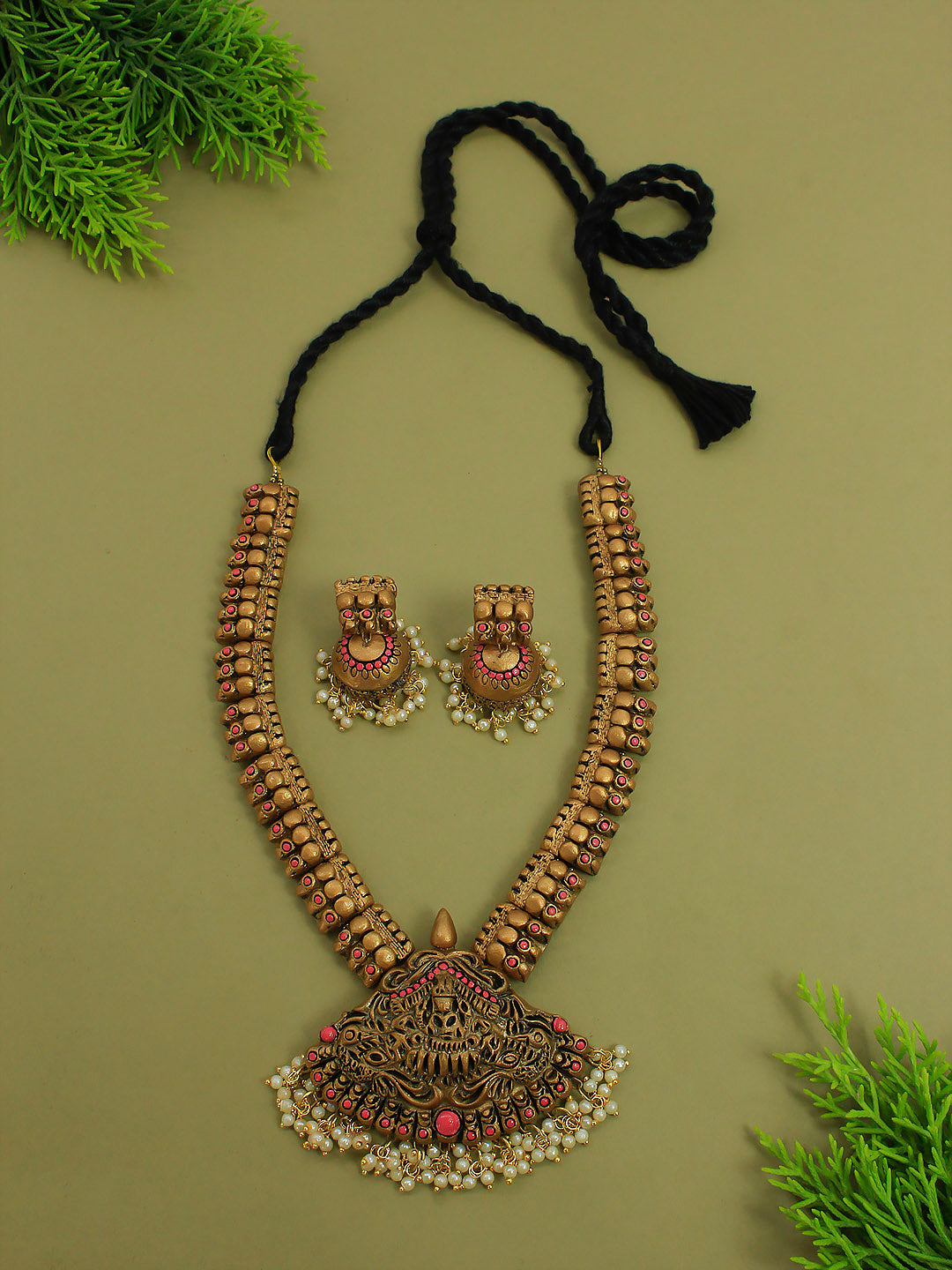 Lakshmi Durga Design Antique Gold Pink Short Length Handmade Terracotta Necklace Set