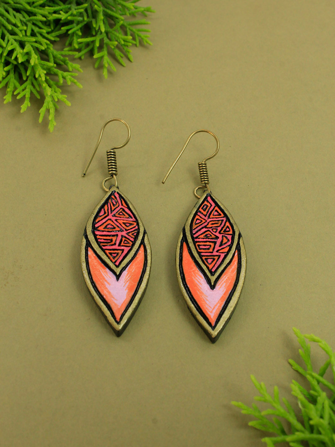 Orange Pink Antique Bronze Leaf Shape Handmade Terracotta Earrings