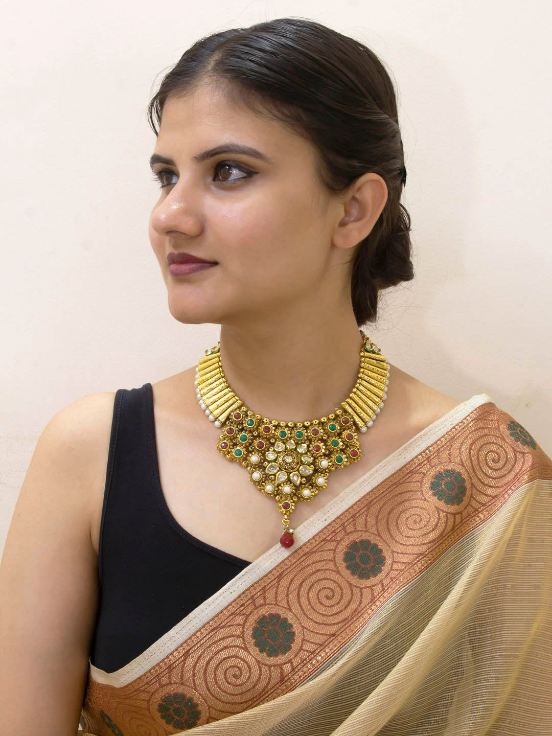 Gold Plated Fringe Design with Pearl Beads and Kundan Stone Jadau Necklace