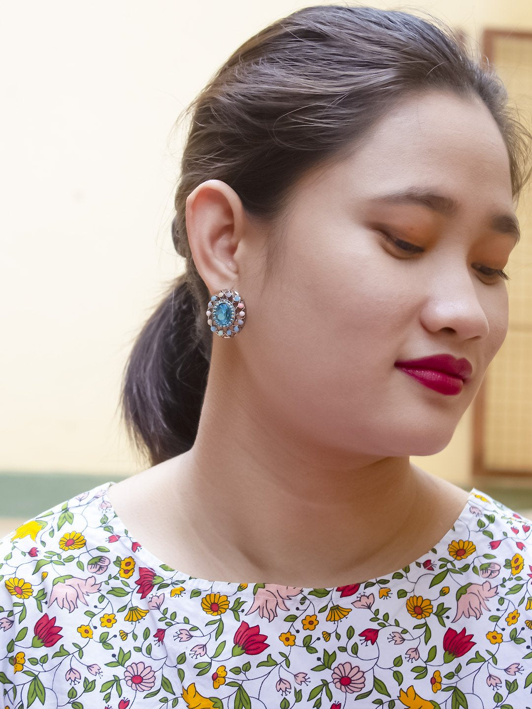 Oval Design Blue Stud With Stones Earring