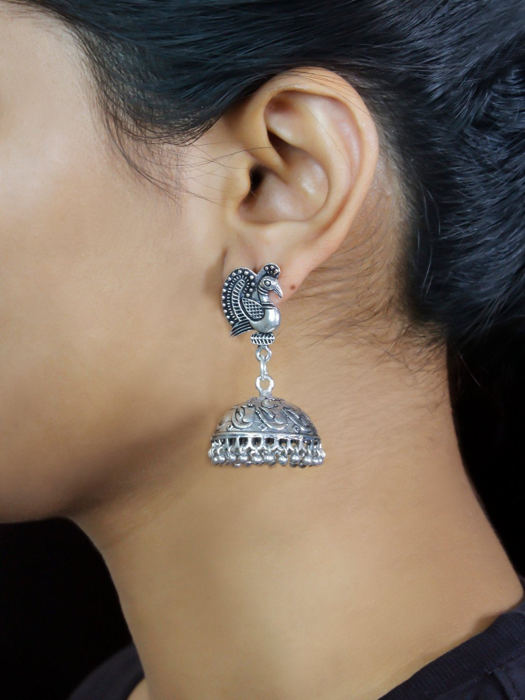 German Silver Peacock Design Jhumka Earring