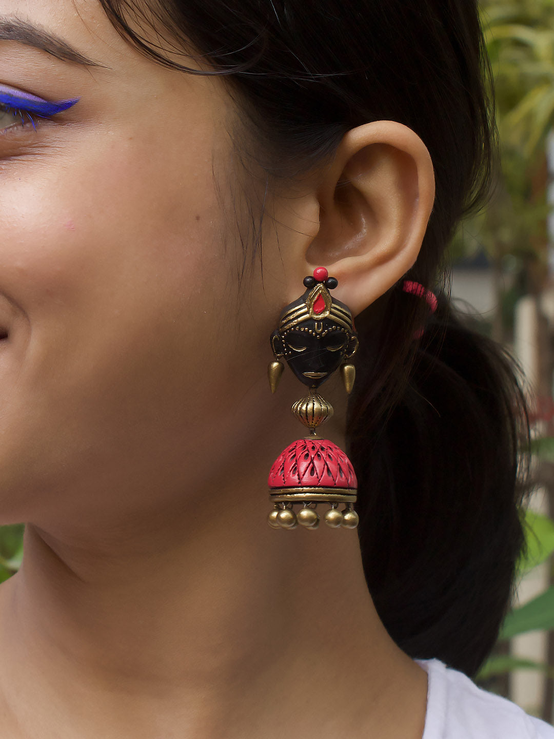 Krishna Face Handmade Terracotta Black Antique Gold Pink Jhumka Earrings