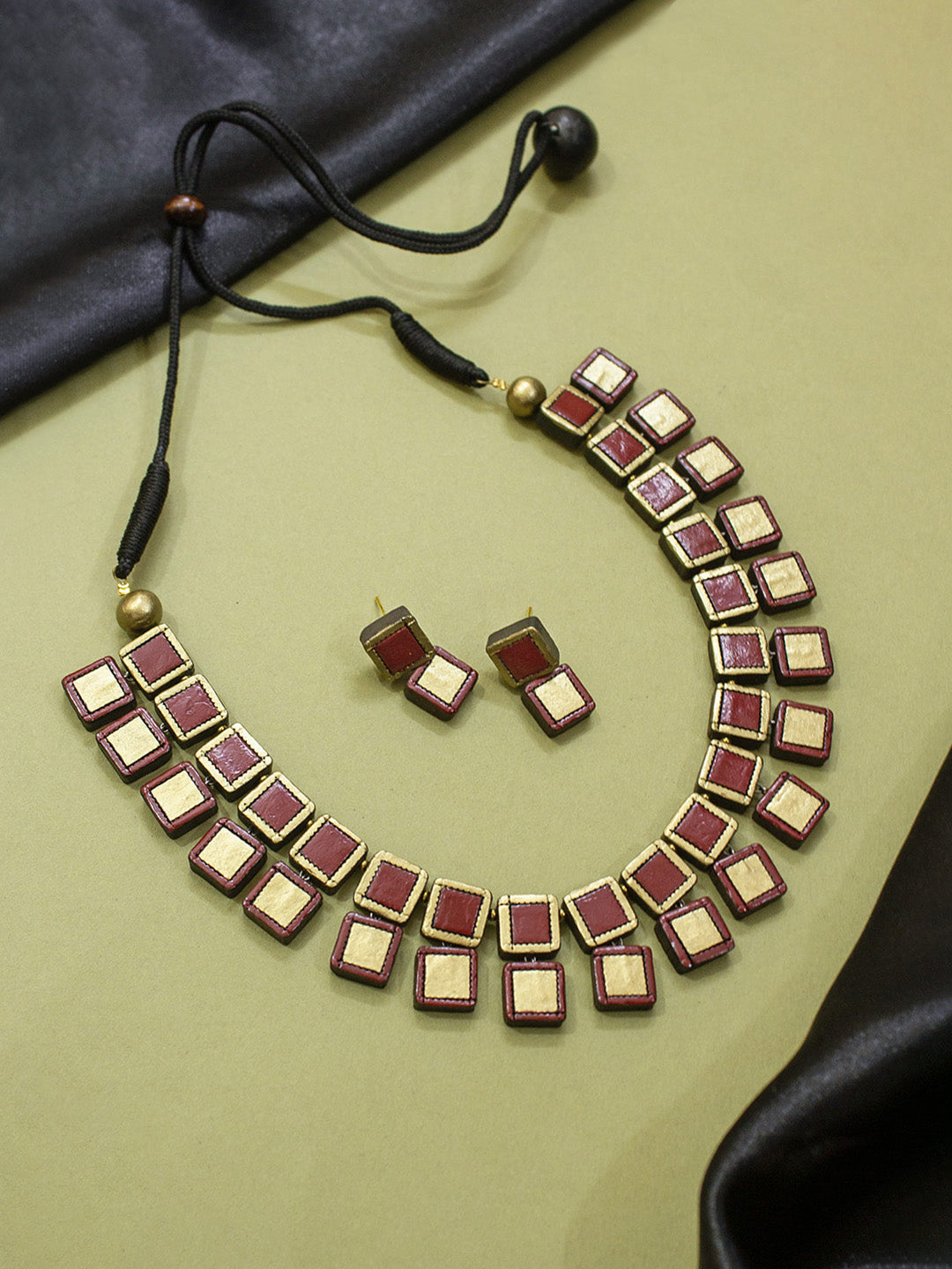 Square Design Hand Painted Finish Terracotta Jewellery Set