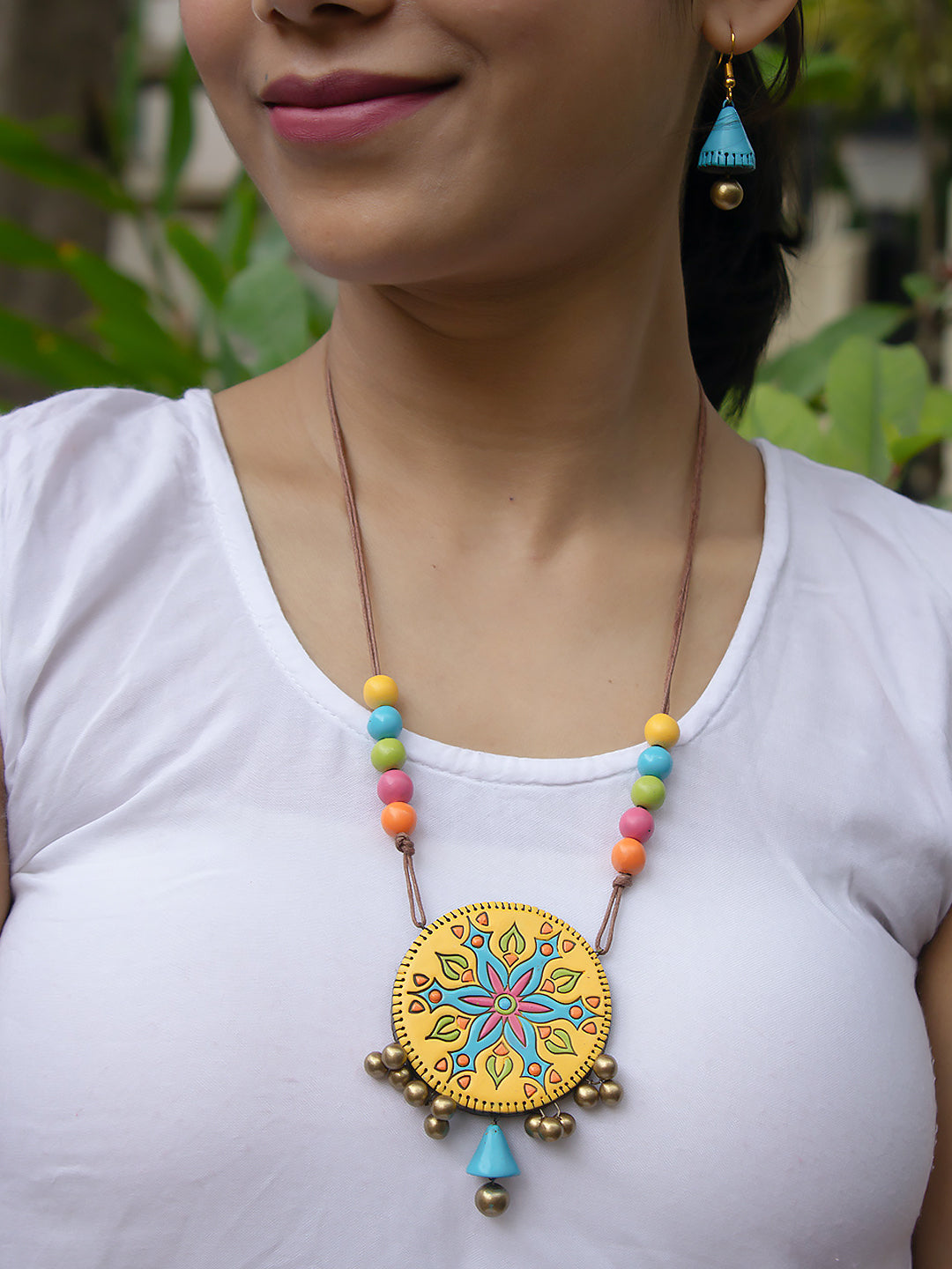 Circular Design Yellow Blue Orange Pink Pastel Shades Mandala Art Design Boho Handmade Terracotta Necklace Set