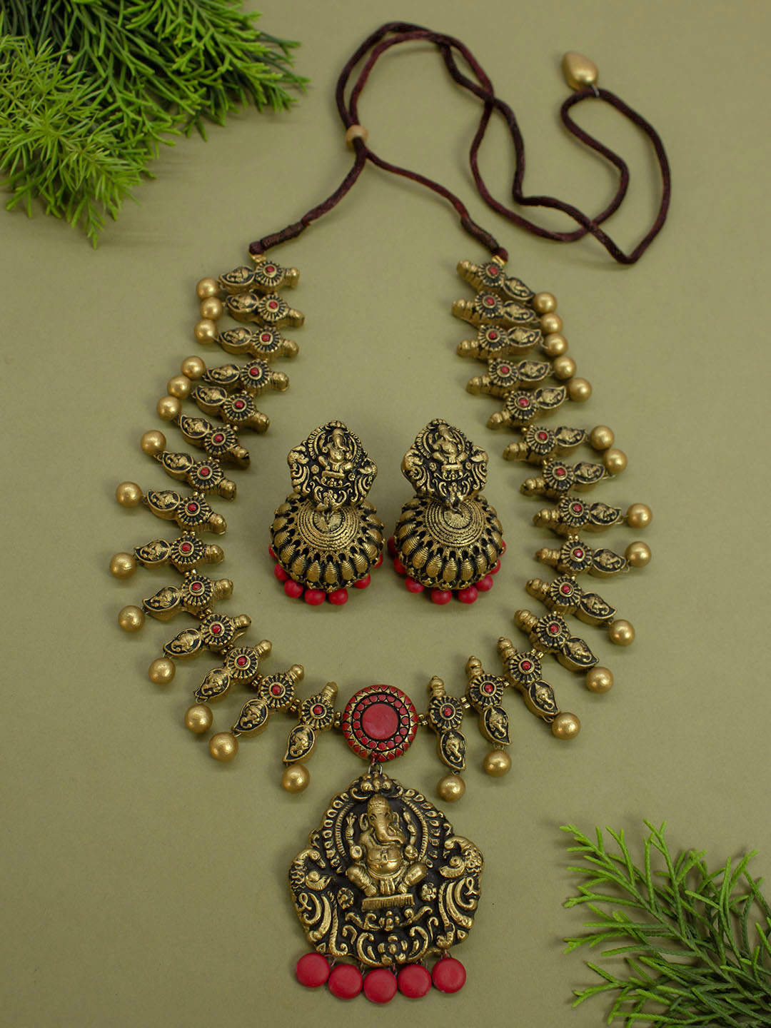 Antique Gold and Red Ganesha Design Pendant Handmade Terracotta Necklace Set in Fringe Pattern