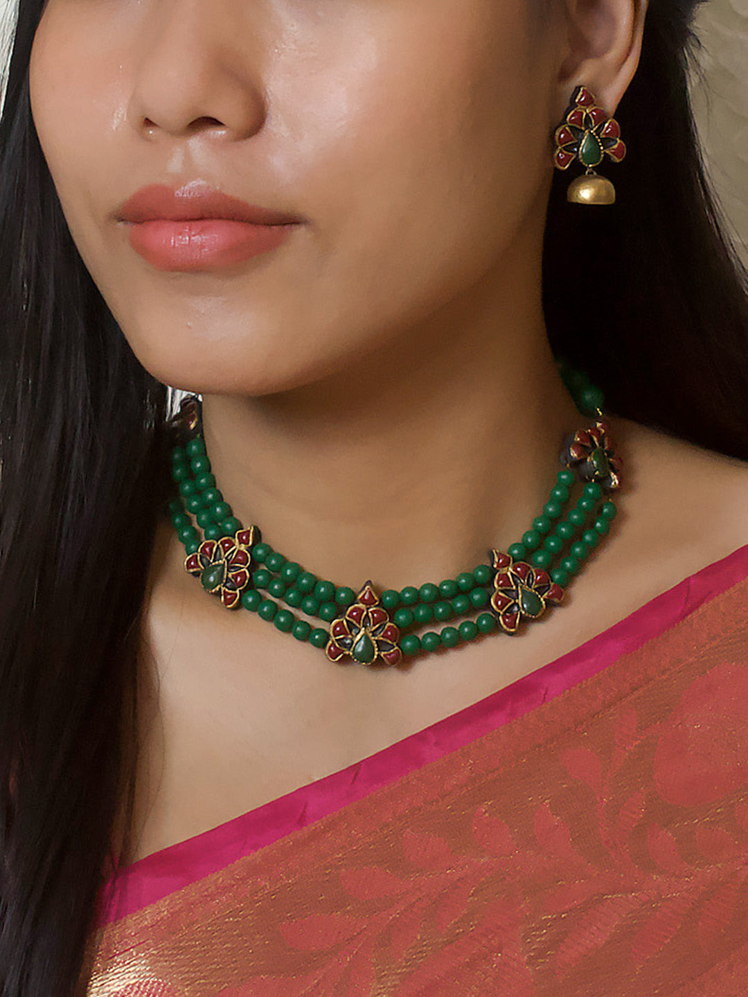 Green Red and Antique Gold 3 Layered Floral Pattern Rani Haar Style Handmade Terracotta Necklace Set