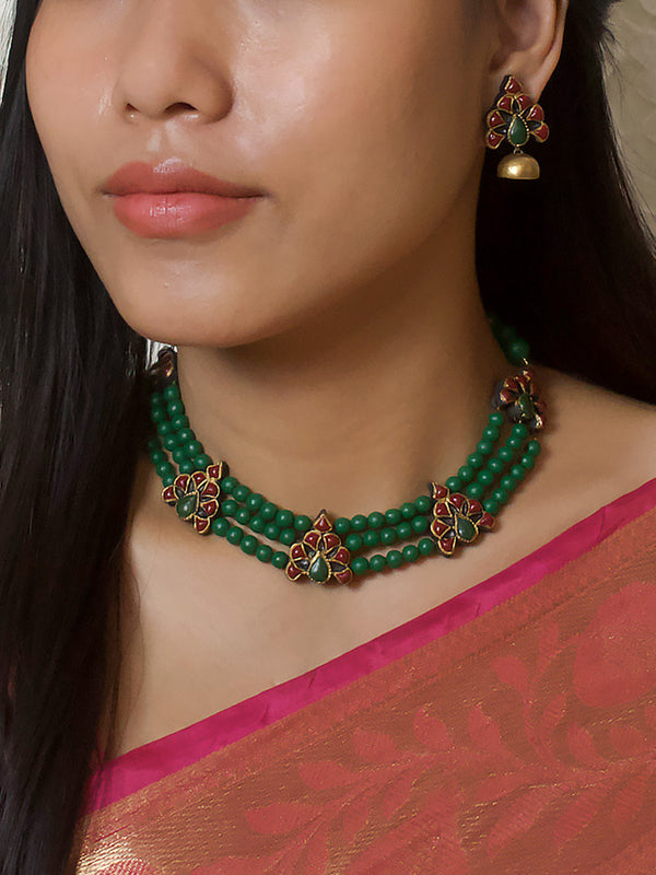 Green Red and Antique Gold 3 Layered Floral Pattern Rani Haar Style Handmade Terracotta Necklace Set