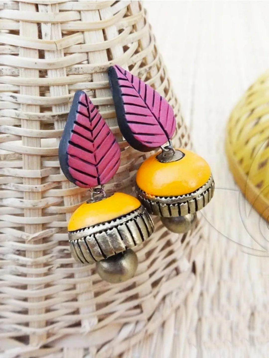 Handmade Terracotta Leaf Design Pink And Yellow Color Jhumka Earring