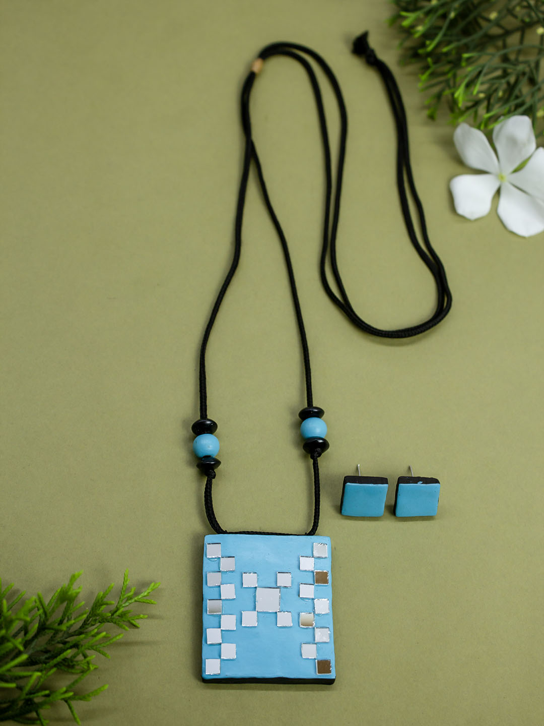 Sky Blue Geometric Square Design Mirror Work Minimalistic Handmade Terracotta Necklace Set