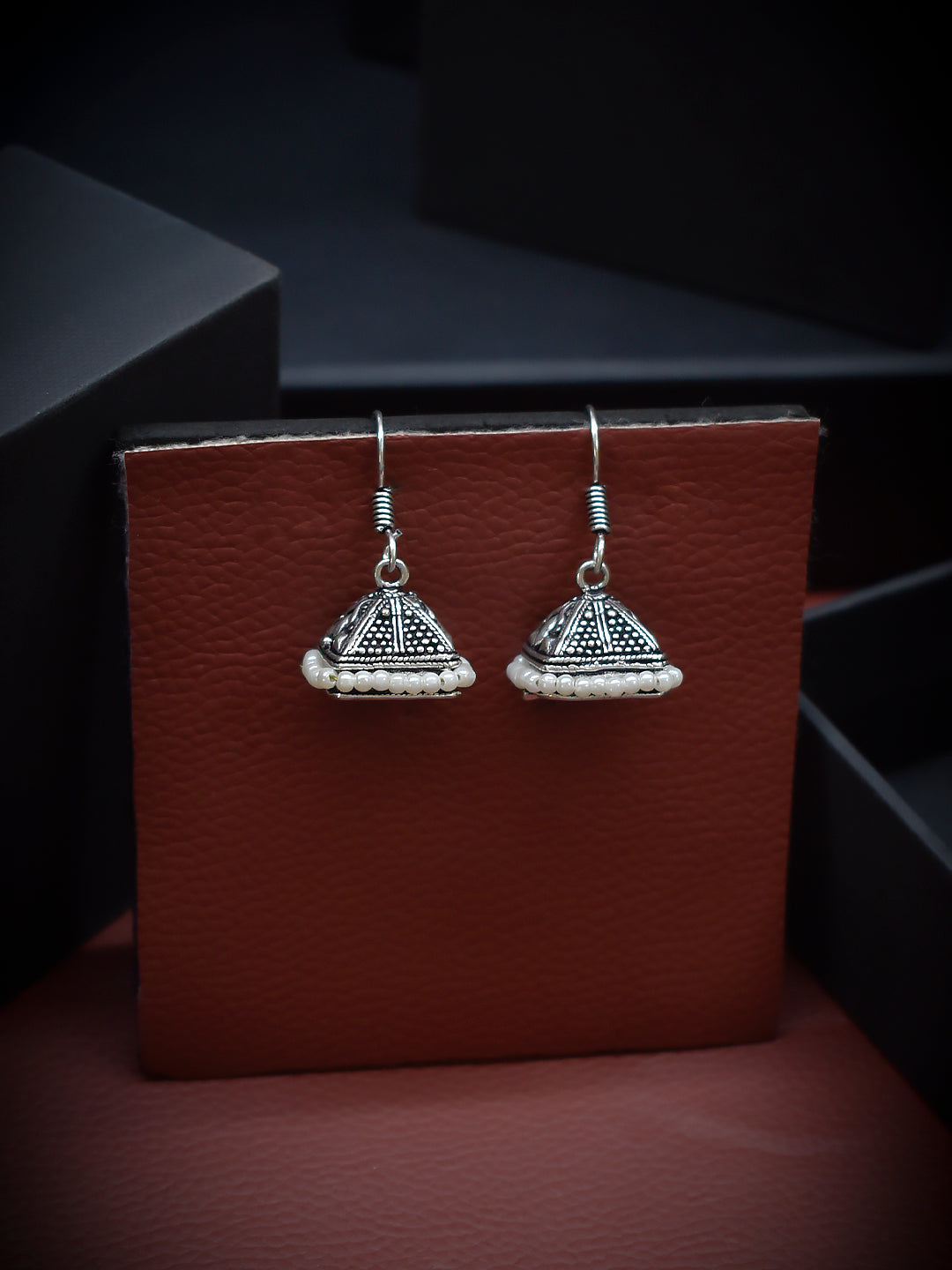 German Silver Jhumkas With White Droppings