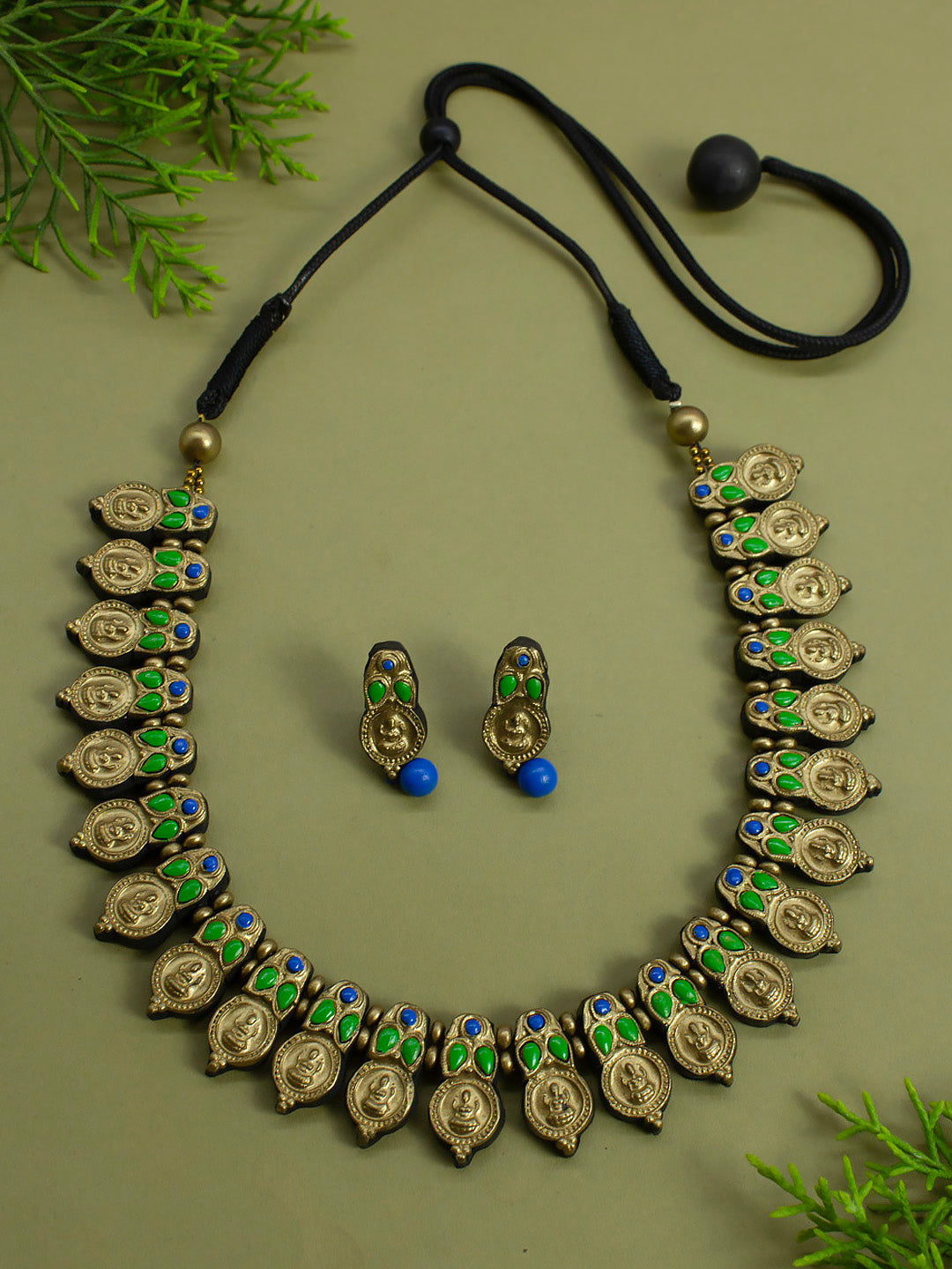 Lakshmi Coin Leaf Design Antique Gold Green Blue Handmade Terracotta Temple Necklace Set