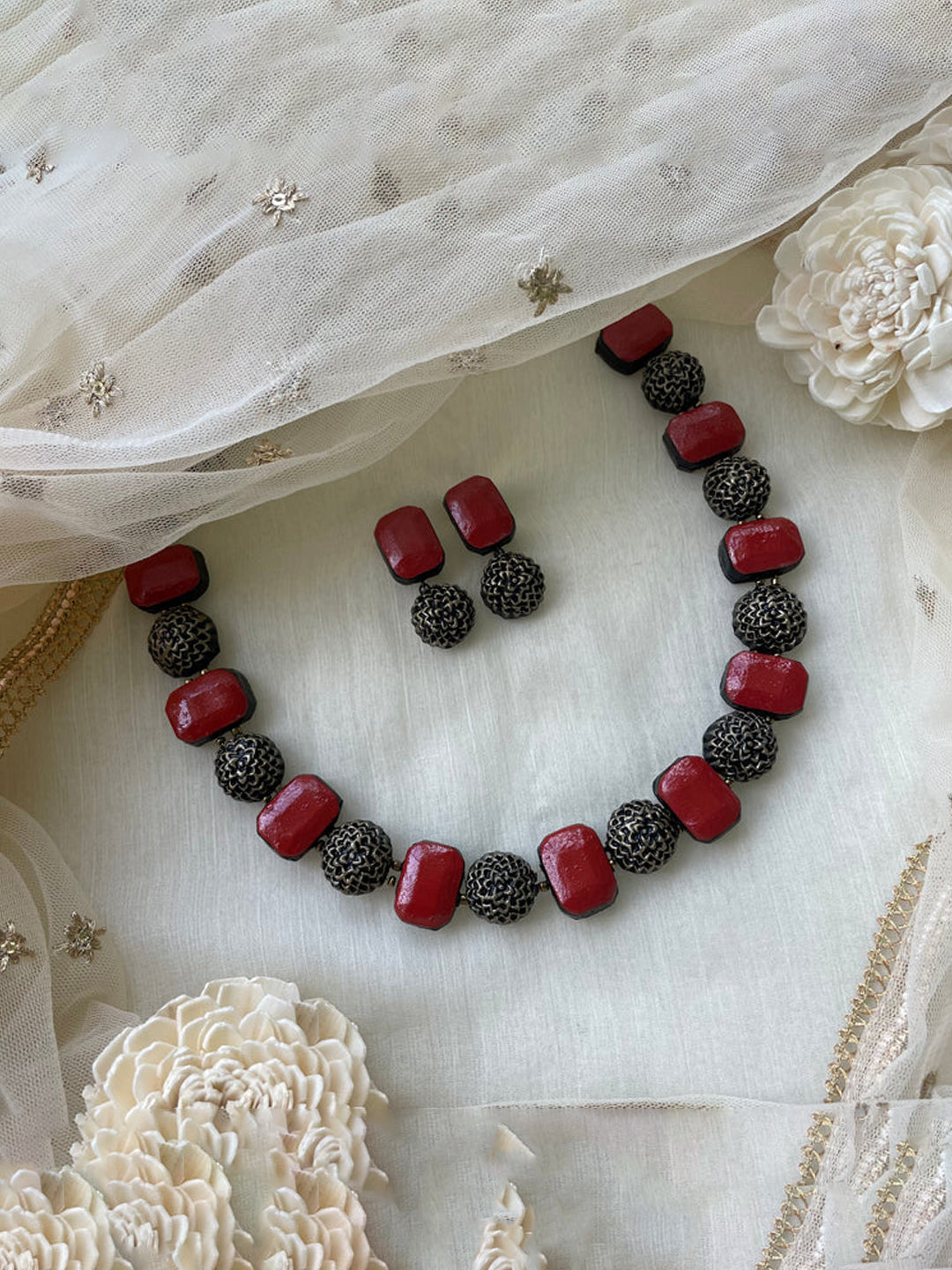 Rectangular Design Hand Engraved Finish Terracotta Jewellery Set