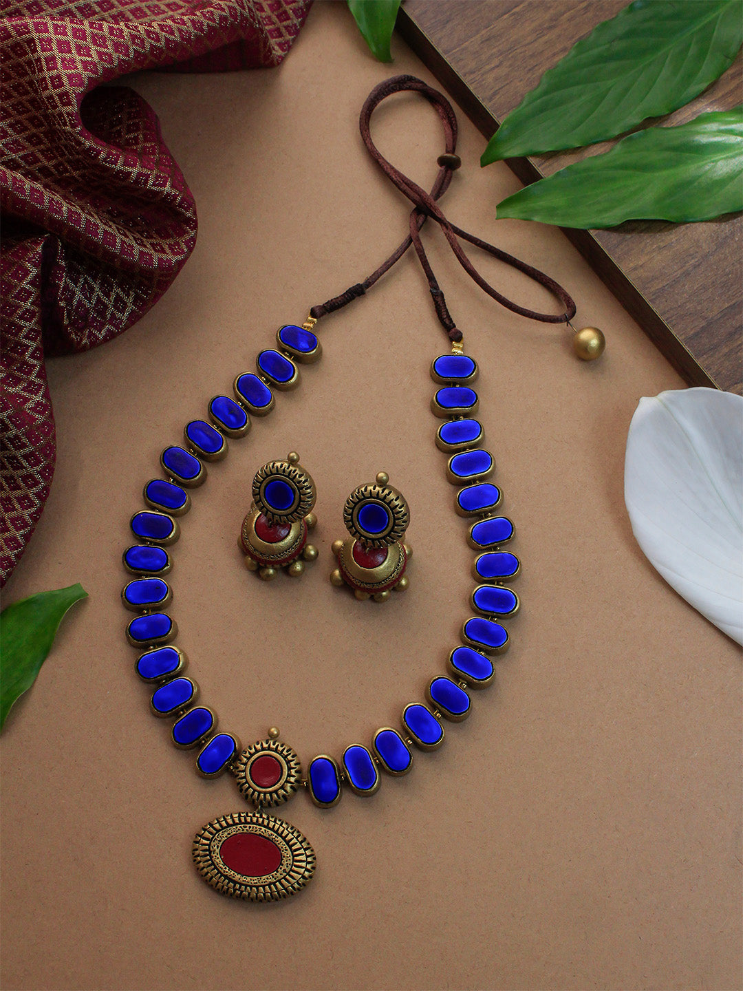 Rajjuvarnika — Rectangular Rounded Pattern Blue Maroon Antique Gold Haram Style Handmade Terracotta Necklace Set