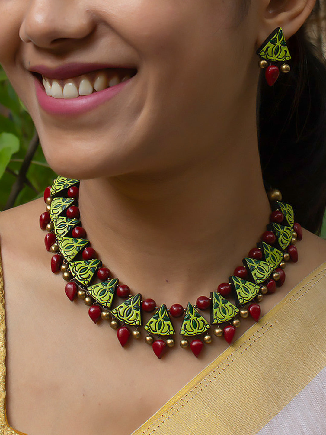 Triangular Design Antique Gold Light Green and Sap Green Handmade Terracotta Necklace Set