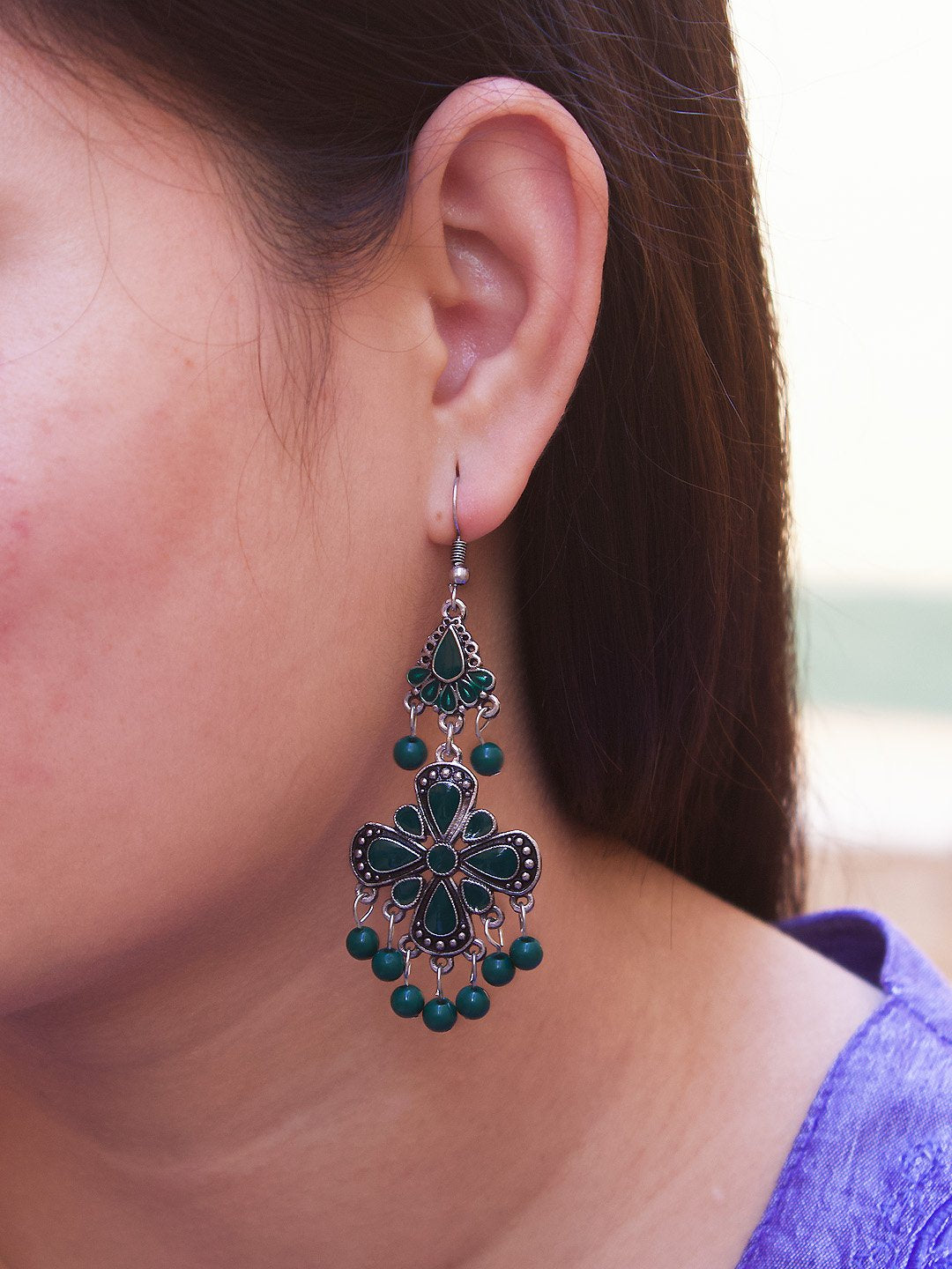 Floral Design Green Dangler Afghani Earring