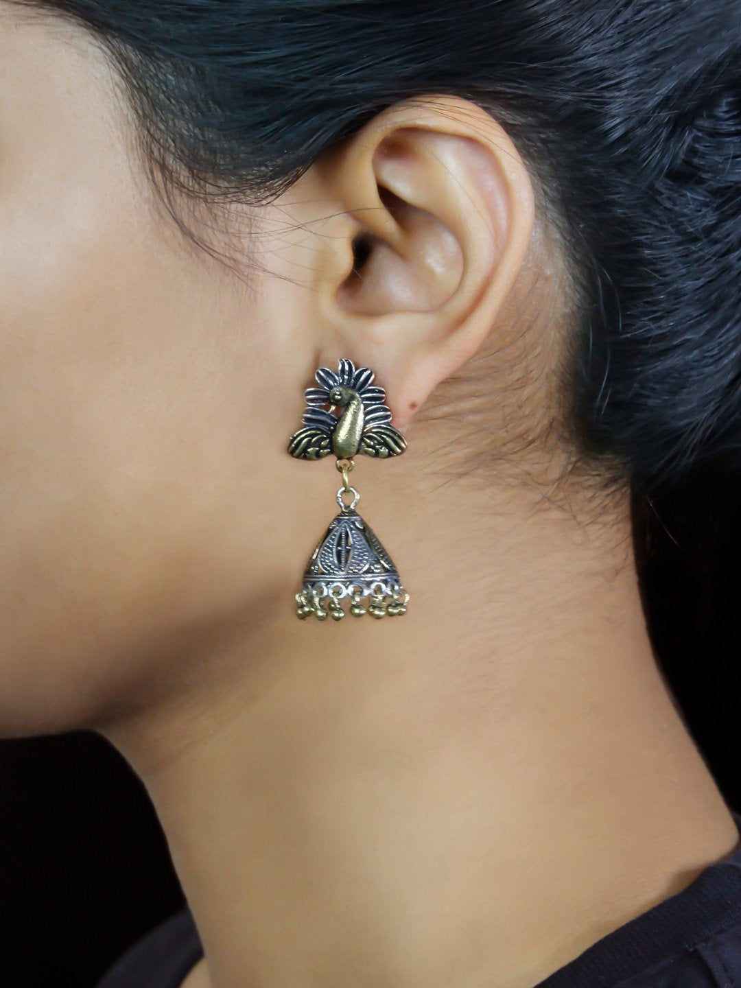 German Silver Dual Plated Peacock Design Jhumka Earring