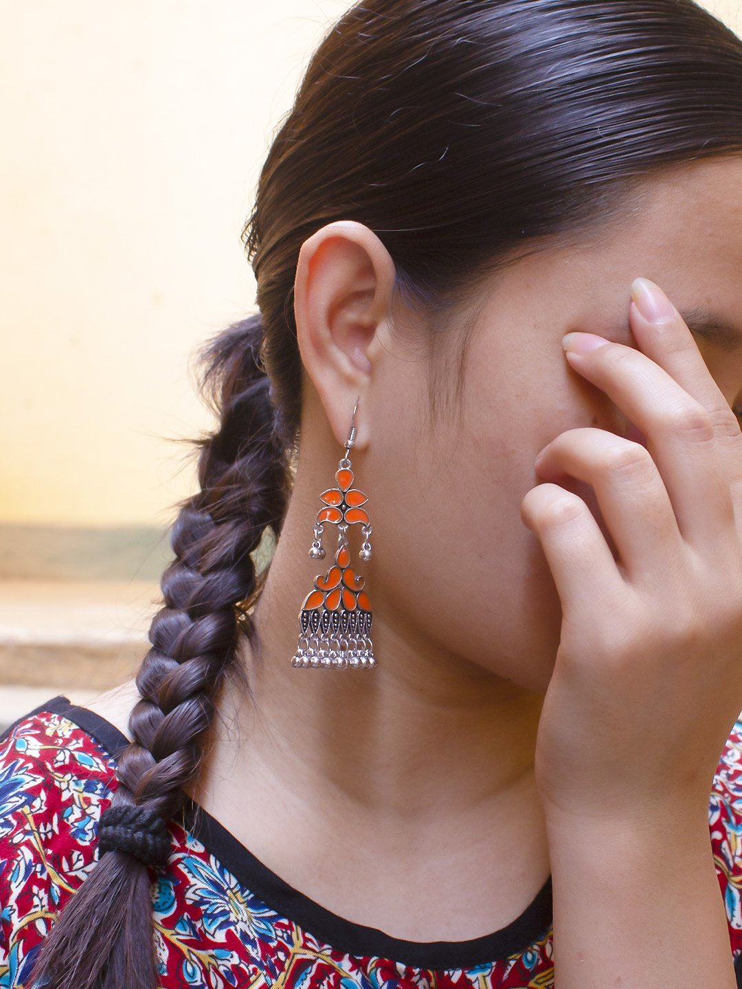 Silver Plated Flower Petal Design Orange Color Enamel Painted With Hanging Silver Beads Dangler Earring