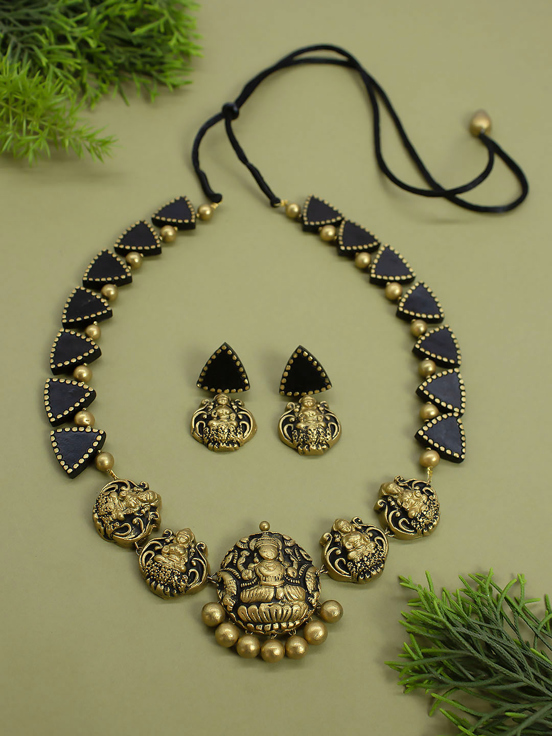 Triangular Pattern Design Lakshmi Pendant Design Antique Gold BlackTone Long Handmade Terracotta Necklace Set
