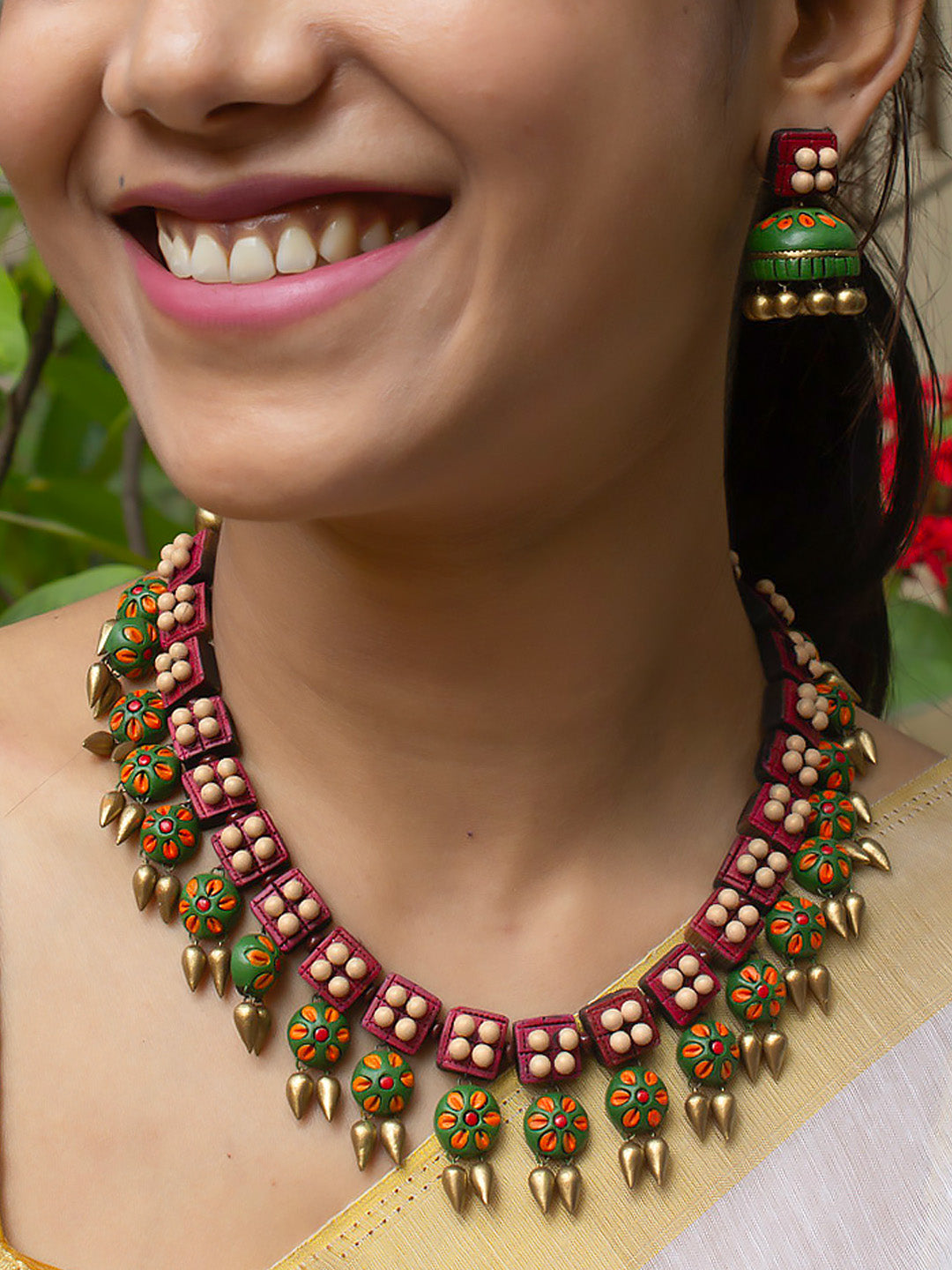 Square Design with Floral Hangings Antique Gold Red Green Mauve Orange and Pearl White Handmade Terracotta Necklace Set