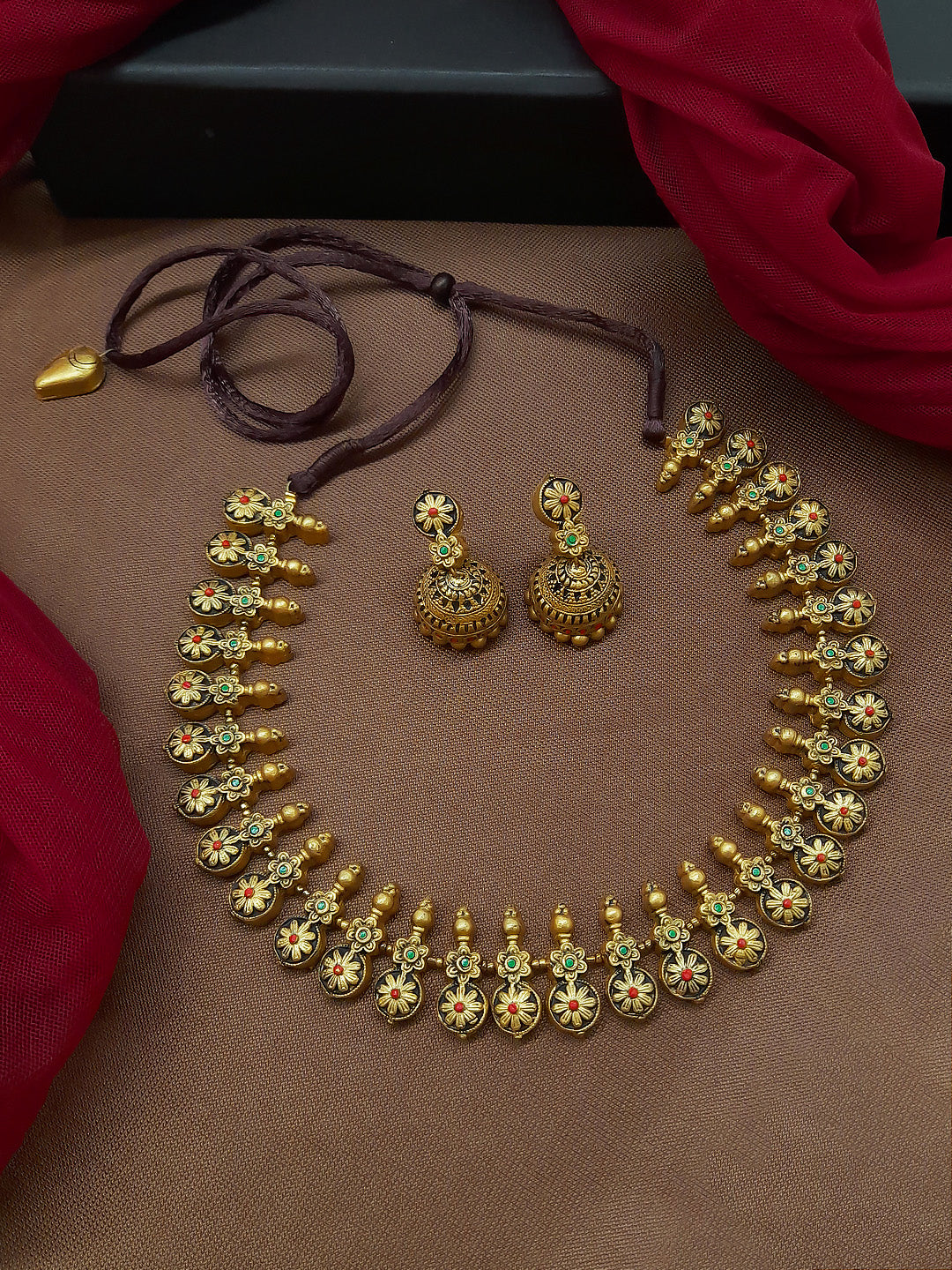Shonakamala — Antique Gold Toned Red And Black Color Floral Design Motifs Choker Handmade Terracotta Necklace Set